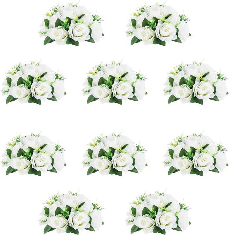 Photo 1 of 10Pcs Artificial Flower Ball Arrangement, 9.5" 15 Heads Wedding Roses Bouquet with Base Suitable for Parties Valentine's Day Wedding Centerpieces Flower Rack and Home Decor (White)