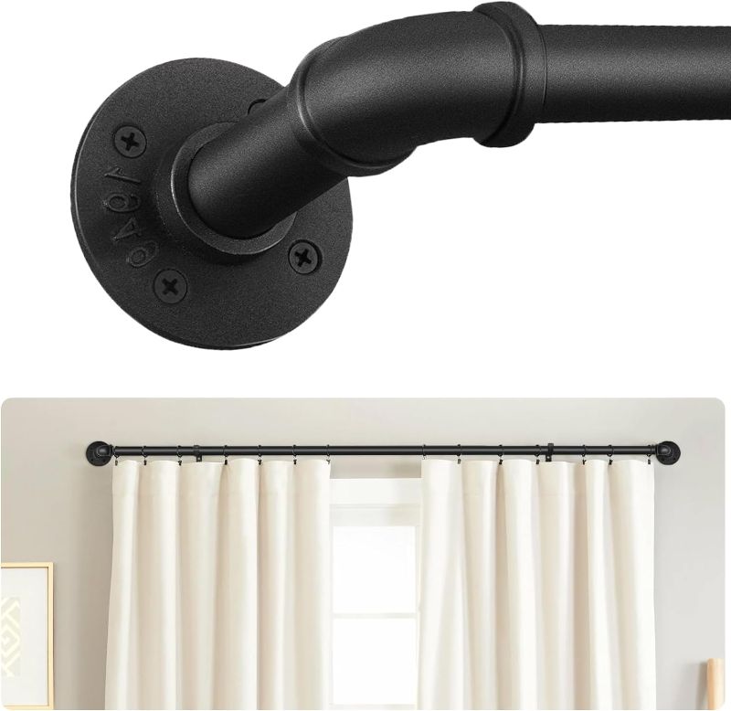 Photo 1 of 1 inch Industrial Curtain Rods for Windows 66 to 120, Black Curtain Rods, Blackout Wrap Around Curtain Rod, Indoor/Outdoor Curtain Rod, Rustic Curtain Rods, Adjustable Pipe Curtain Rods, 66" to 120" 66" to 120 " Black