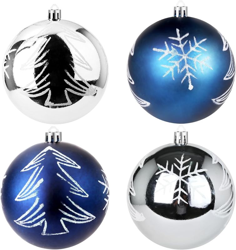 Photo 1 of Christmas Ornament Balls, Extra Large Christmas Decorations Painting Balls,4-inch Set of 4pcs Hanging Tree Decorations (Blue)
