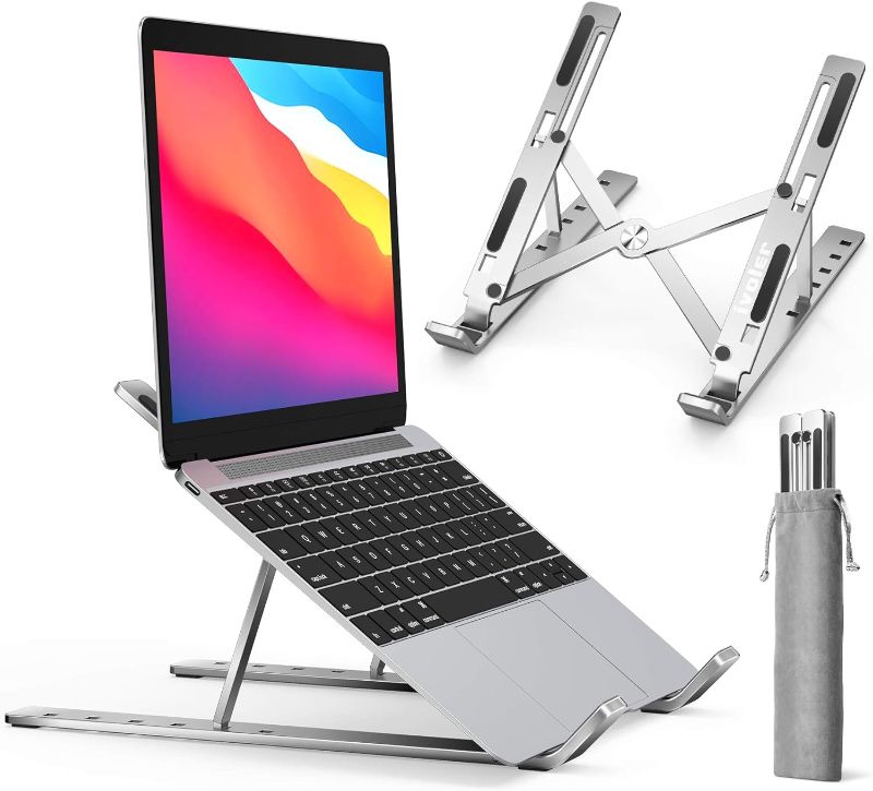 Photo 1 of ivoler Laptop Stand, Laptop Holder Riser Computer Tablet Stand, 6 Angles Adjustable Aluminum Ergonomic Foldable Portable Desktop Holder Compatible with MacBook,iPad, HP, Dell, Lenovo 10-15.6” Silver
