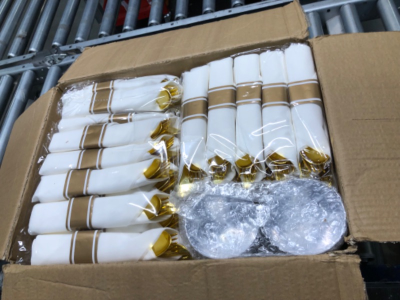 Photo 1 of 350 Piece Gold Plastic Dinnerware Set for 50 Guests, Fancy Disposable Plates for Party, Include: 50 Gold Rim Dinner Plates, 50 Dessert Plates, 50 Pre Rolled Napkins with Gold Silverware, 50 Cups Gold 350 Piece (50 guests)