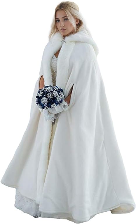 Photo 1 of (IVORY) Hooded Cloak MID Length, Dress Cape, White Hooded Cloak with Fur Trim