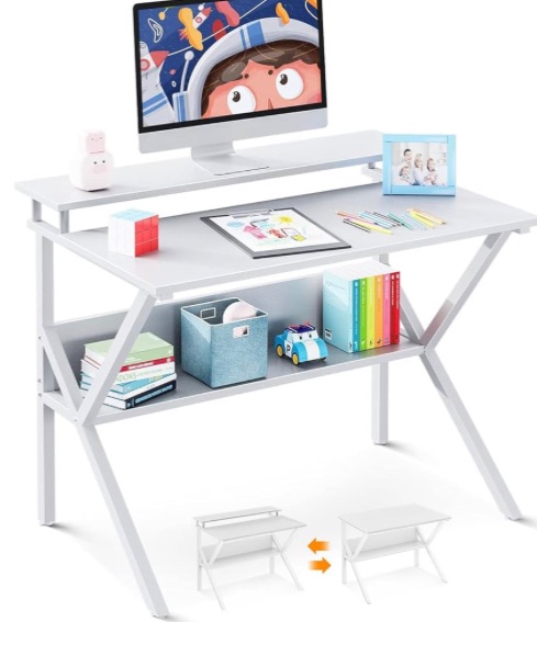 Photo 1 of ODK Small Computer Desk, 27.5 inch Desk for Small Spaces with Storage, Compact Table with Monitor & Storage Shelves for Home Office, Modern Style Laptop Desk, Pure White