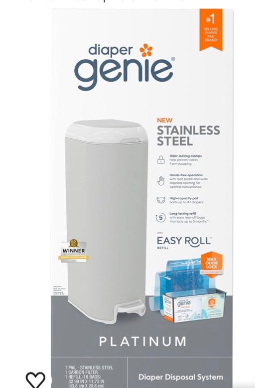 Photo 1 of Diaper Genie Platinum Pail (Stone Grey) is Made in Durable Stainless Steel and Includes 1 Easy Roll Refill with 18 Bags That can Last up to 5 Months.