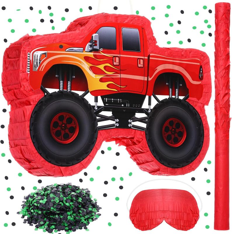 Photo 1 of Large Truck Pinata Birthday Fiesta for Kids Big Construction Pinata with Stick Blindfold Confetti Party Supplies for Boys Carnival Events Mexican Decor Games, 21.6 x 13.8 x 2.4 Inch (Red)
