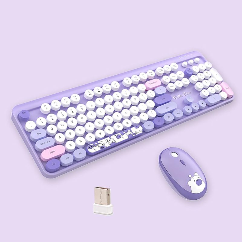 Photo 3 of Hello Bear 2.4G Full-Size Wireless Keyboard and Mouse Combo, Multi-Color Typewriter Style Round Keycap, Cute Candy Colors, Compatible with Notebook, PC (Purple)
