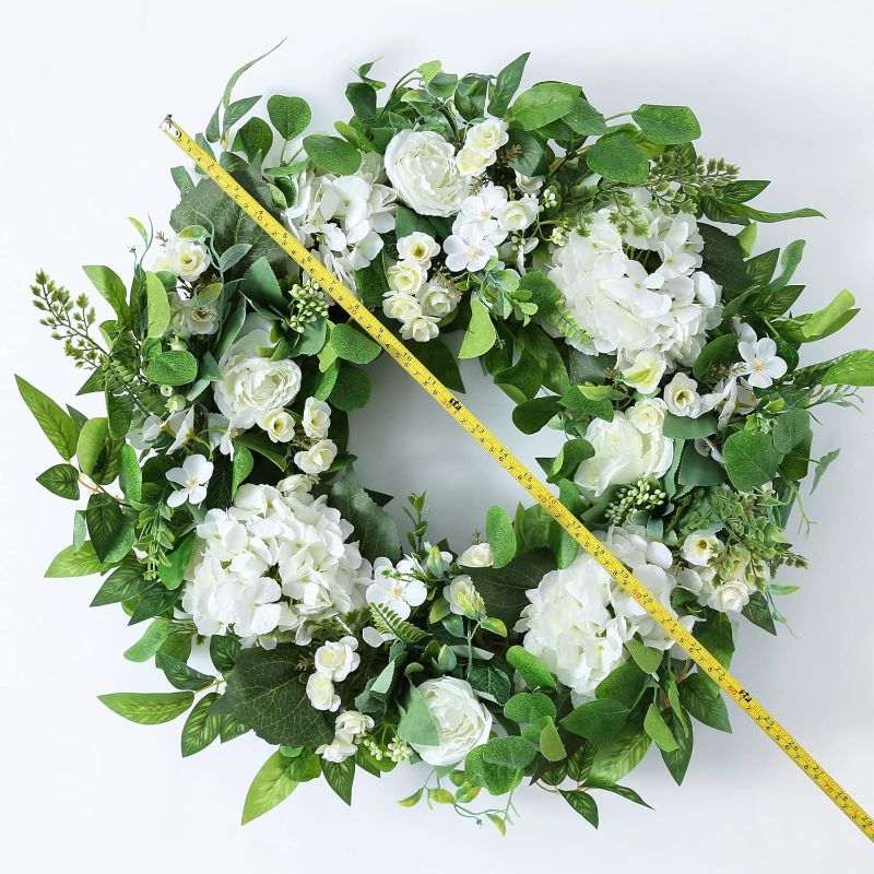 Photo 1 of 24 Inch Spring Summer Wreaths for Front Door, Spring Door Wreaths, Spring Summer Floral Flower Wreath, White Hydrangea Wreath,Eucalyptus Green Spring Summer Door Wreath for Front Door Outside