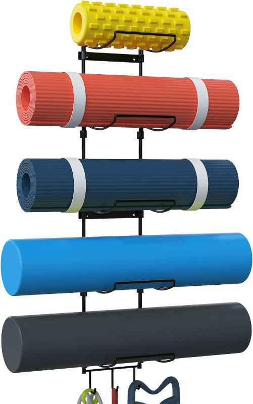 Photo 1 of Yoga Mat Holder Wall Mount, Wall Rack Organizer, Storage Foam Roller and Block, with 5 Sectional and 3 Hooks for Hanging Yoga Strap, Resistance Bands at Fitness Class or Home Gym, Decor(Black)

