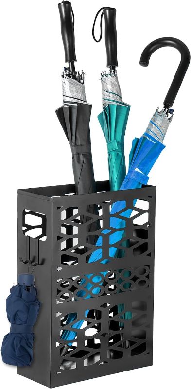 Photo 1 of ZENFUN Metal Umbrella Holder with 2 Hooks, Umbrella Stand for Entryway, Rectangle Umbrella Organizer, Umbrella Rack Storage Bin Freestanding for Home, Office, Hotel, Black?11 x 4.7 x 15.7 Inches
