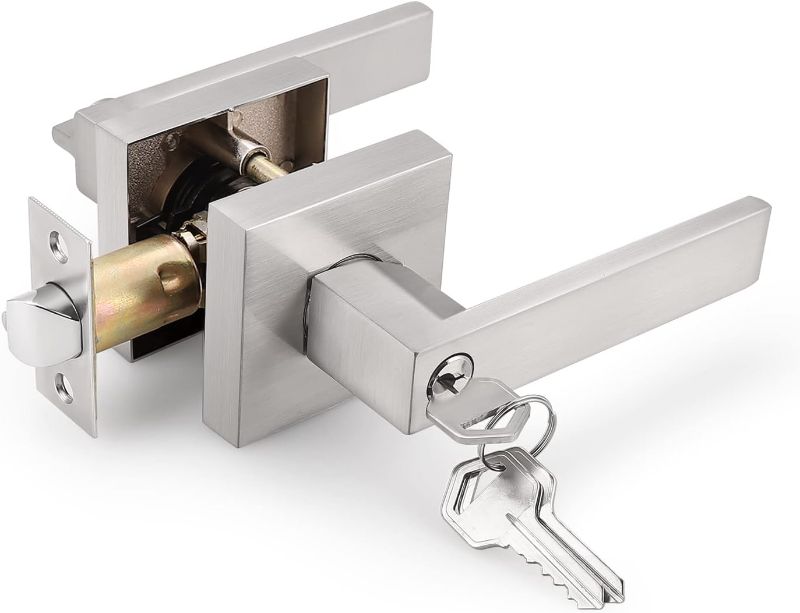 Photo 1 of ****NO KEY****Gobrico 1 Pack Square Satin Nickel Privacy Door Locksets,Interior Door Levers for Bed/Bath,Thumb-Turn Button Inside,Used on Left/Right-Handed Doors 1 Privacy-keyless
