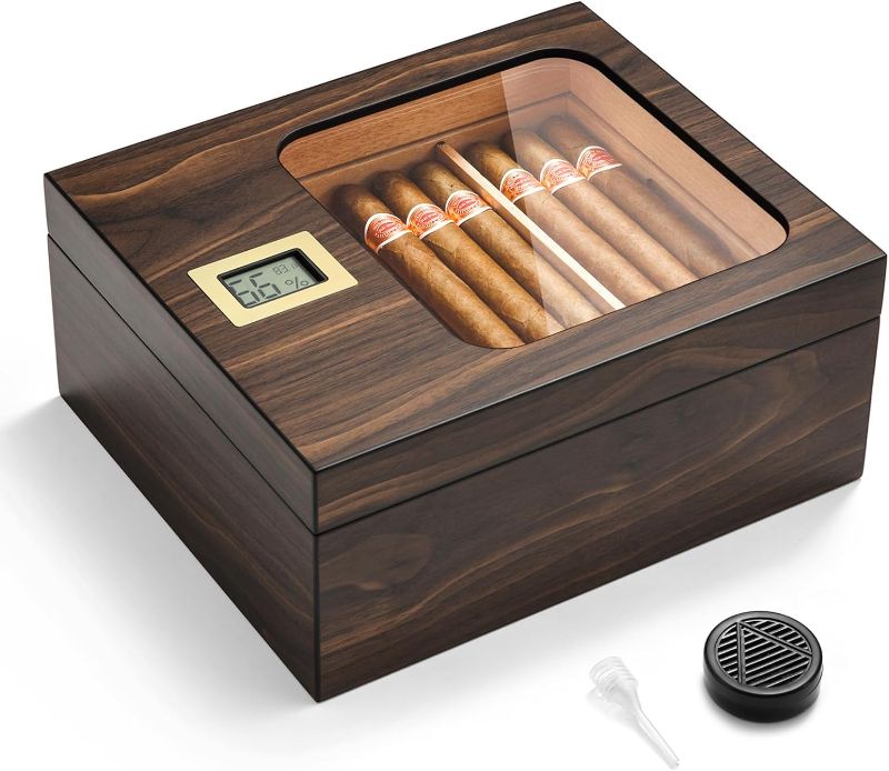 Photo 1 of Cigar Humidor, Modern Glass Top Cedar Humidor Cigar Box with Digital Hygrometer, Humidifier, Handcrafted Cedar Wood Tray and Divider, Cigar Case Holds 25-50 Cigars, Cigar Accessories for Men