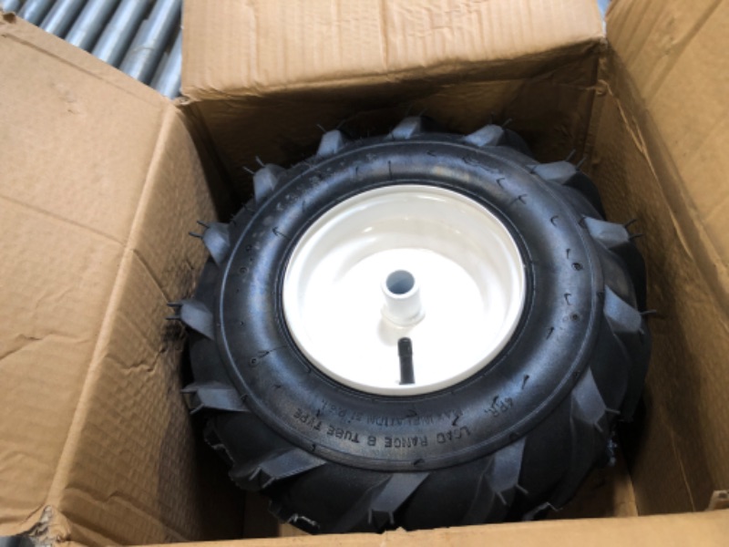 Photo 1 of 13x5.00-6 Tractor Tread Tire & Rim with 1 Inch Hub - Troy-Bilt Tiller Replacement Wheel SET OF 2.