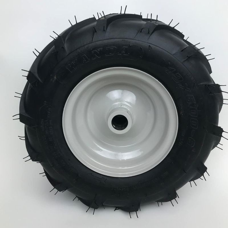 Photo 1 of 13x5.00-6 Tractor Tread Tire & Rim with 1 Inch Hub - Troy-Bilt Tiller Replacement Wheel SET OF 2.