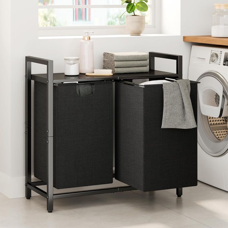 Photo 1 of Laundry Basket Organizer, Laundry Hamper with Shelf & 2 Pull-Out Removable Bags, Dirty Clothes Hamper Organizer for Laundry Room Bathroom and Dorm, 2 x 11.8 gallons (44.5L)
