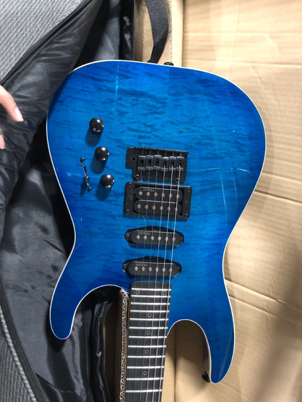 Photo 5 of ** minor cracks*
Electric Guitar, Full Size Solid Body Electric Guitar Beginner Kit, HSS Pickup With Coil Split, Poplar Body Flame Maple Top Maple Neck With Gig Bag, Cable, Strap, Tuner, FDK800, Blue FDK800-Blue