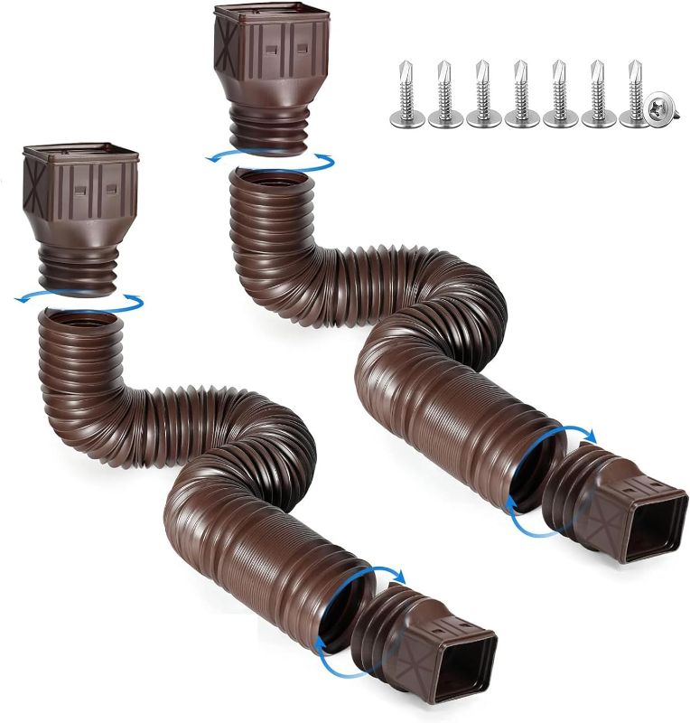 Photo 1 of 2 Pack Flexible Rain Gutter Downspout Extensions,Drain Downspout Extender,Gutter Extension Flexible,Down Spout Drain Extension Pipes,Extendable from 21 to 60 Inches (Brown)
