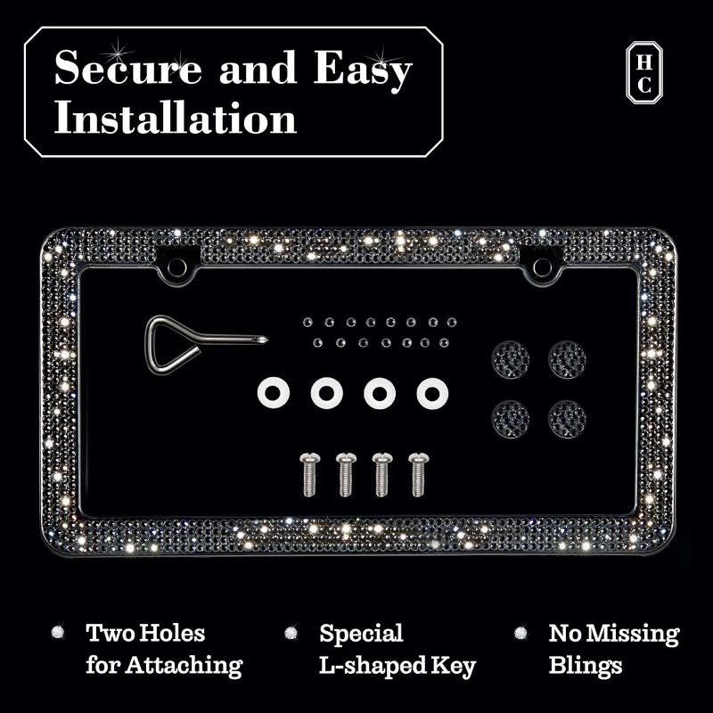 Photo 1 of Diamond Rhinestone Bling License Plate Frames for Women, Men - 2 Pack Handcrafted Bedazzled License Plate Cover with Glittery Crystal Screw Caps Stainless Steel - Sparkle Car License Plate Frame Black
