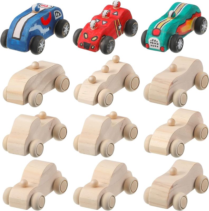 Photo 1 of 12 Pieces Wood DIY Car Toys, Unfinished Wooden Cars, Crafts for Students Home Activities, Easy Woodworking and Family Time Set
