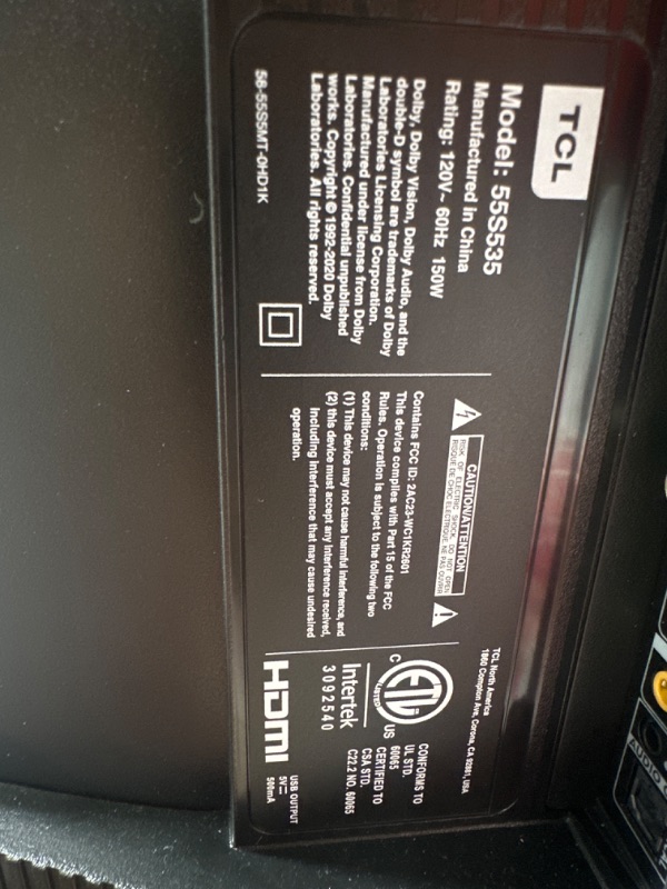 Photo 6 of **FOR PARTS ONLY, SCREEN BADLY DAMAGED!** POWERS ON WHEN PLUGGED IN, SCREEN BARELY VISIBLE DUE TO DAMAGE.
TCL 55" Class 5-Series 4K UHD QLED Dolby Vision & Atmos, VRR, AMD FreeSync, Smart Roku TV - 55S555 (2022 Model)