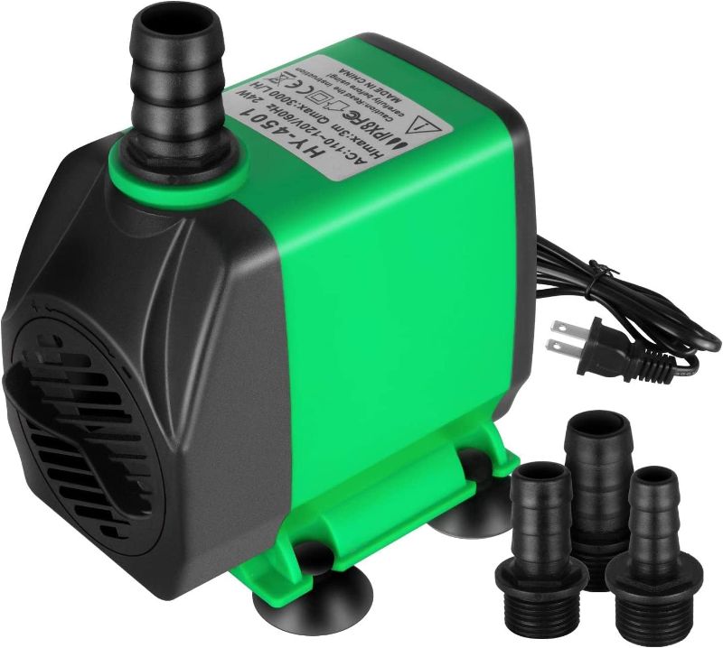 Photo 1 of Simple Deluxe 24W 800GPH Submersible Pump (3000L/H), Ultra Quiet (10ft High Lift), 3 Nozzles with 5.2ft Power Cord for Fish Tank, Pond, Aquarium, Statuary, Hydroponics, Fountain