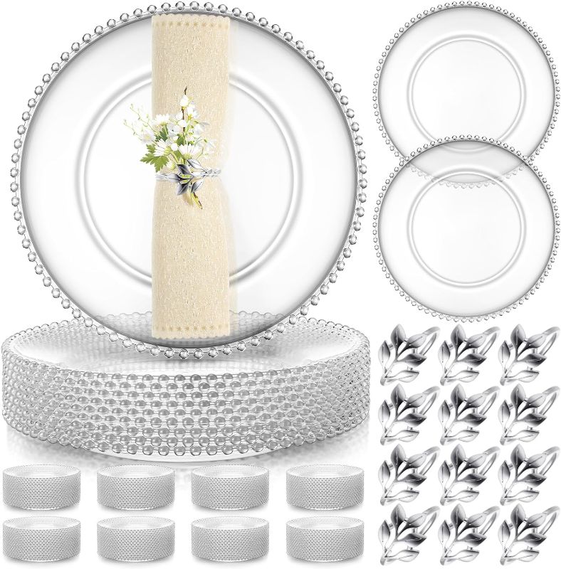 Photo 1 of  Set Clear Charger Plates Bulk 13 Inch Beaded Plastic Charger Plates with Napkin Rings Acrylic Round Dinner Chargers Table Decorative Plates for Party Wedding Thanksgiving (Clear and Silver)