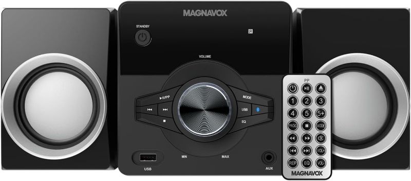 Photo 1 of Magnavox MM442 3-Piece Top Loading CD Shelf System with Digital PLL FM Stereo Radio, Bluetooth Wireless Technology, and Remote Control in Black | Blue Lights | LED Display | AUX Port Compatible |