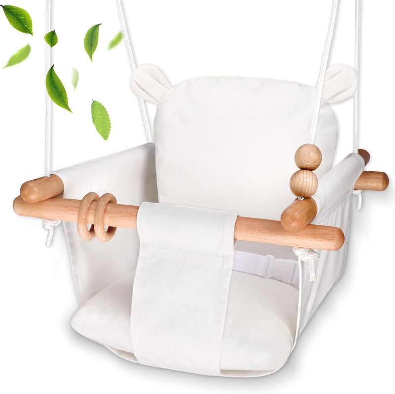 Photo 1 of Baby Swing Outdoor - Secure Canvas and Wooden Indoor Baby Swing Seat - Toddler Swing Infant Swing Outdoor with Safety Belt, Hanging Swing Chair for Baby Boys Girls (White)