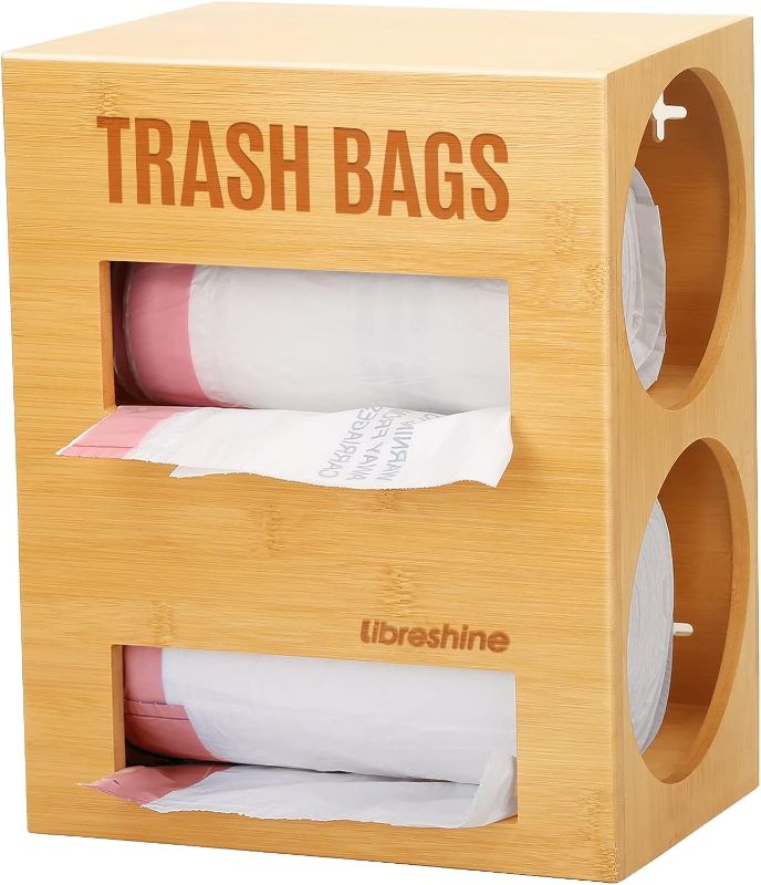 Photo 1 of 2 in 1 Trash Bag Dispenser Roll Holder 13 Gallon, Garbage Bag Storage Dispenser, Trash Bag Organizer Under Sink, Wall Mount Bamboo Garbage Bag Organizer for 2 Rolls of Plastic Bags