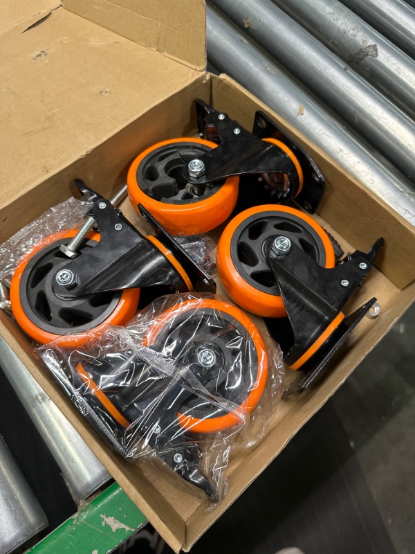 Photo 2 of 4 Inch Caster Wheels, Casters Set of 4, Heavy Duty Casters with Brake 2200 Lbs, Locking Industrial Swivel Top Plate Casters Wheels for Furniture and Workbench Cart(Two Hardware Kits Include) Orange 4 Inch