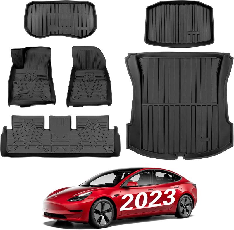 Photo 1 of BASENOR 6PCS Tesla Model 3 Floor Mats Full Set Mats Heavy Duty All-Weather Waterproof TPE Front Rear Cargo Liners Floor Protect Interior Accessories for Model 3 2021 2022 2023 6PCS Set Mats