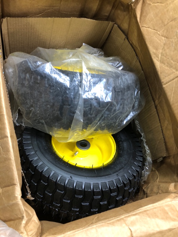 Photo 3 of (2 Pack) AR-PRO Exact Replacement 15" x 6.00-6" Front Tire and Wheel Assemblies for John Deere Riding Mowers - Compatible with John Deere 100 and D100 Series - 3” Centered Hub and 3/4” Bushings 15 x 6.00-6" Yellow