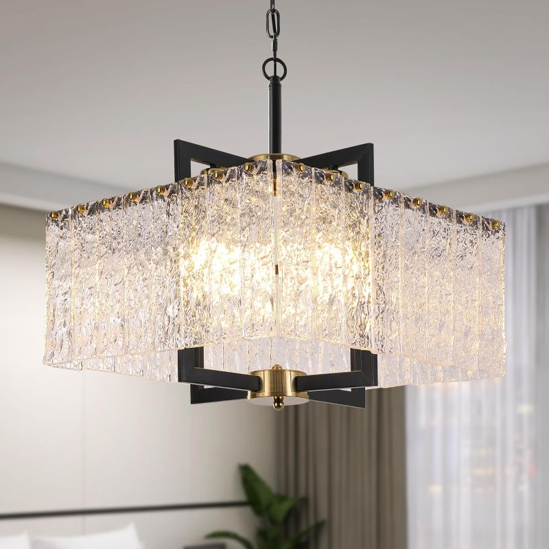 Photo 1 of ***MISSINGGLASS PIECES//SOLD AS PARTS*** 
KINGTORO 4-Light Dining Room Light Fixture 16 inch Square Lndustrial Adjustable Chorm Black Metal Pendant Chandeliers Light for Kitchen Island Dining Room Living Room Flat Inclined Ceiling Entryway Black-Square 16