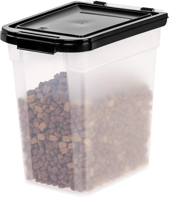 Photo 1 of ** no wheels *
IRIS USA 25Lbs./33Qt. WeatherPro Airtight Pet Food Storage Container with Attachable Casters, For Dog Cat Bird and Other Pet Food Storage Bin, Keep Fresh, Translucent Body, Easy Mobility, Black Black 25 Lbs - 33 Qt