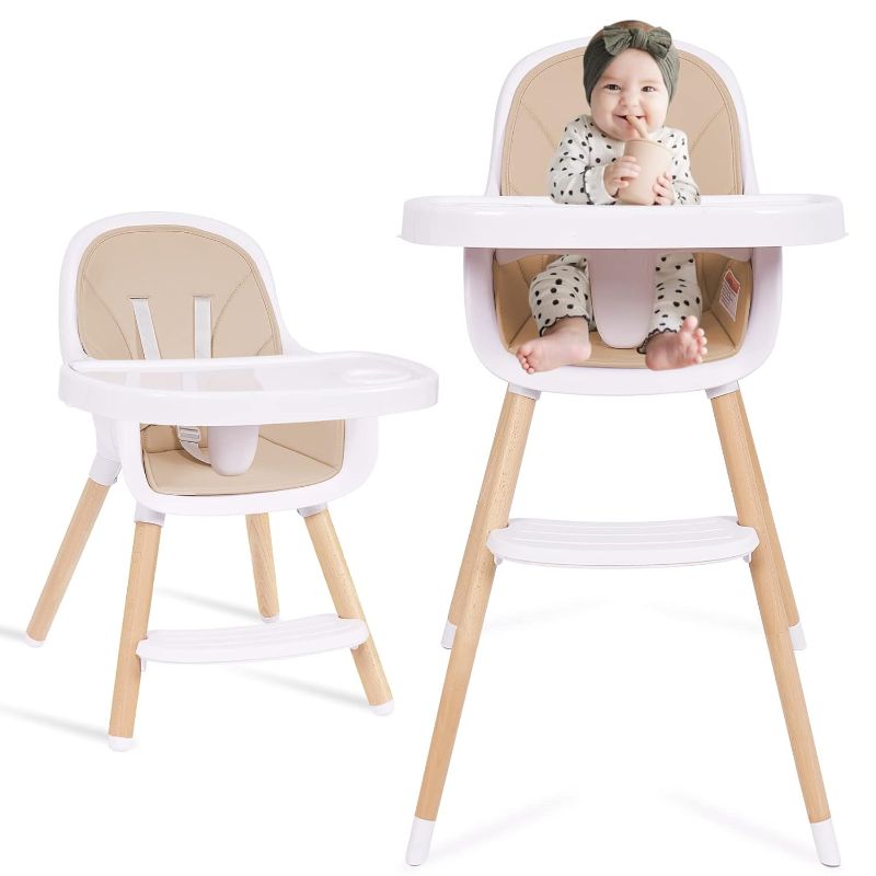 Photo 1 of Baby High Chair, 3-in-1 Convertible Wooden High Chair with Adjustable Legs & Double Dishwasher Safe Tray, High Chairs for Babies and Toddlers, Made of Sleek Hardwood & Premium Leatherette
