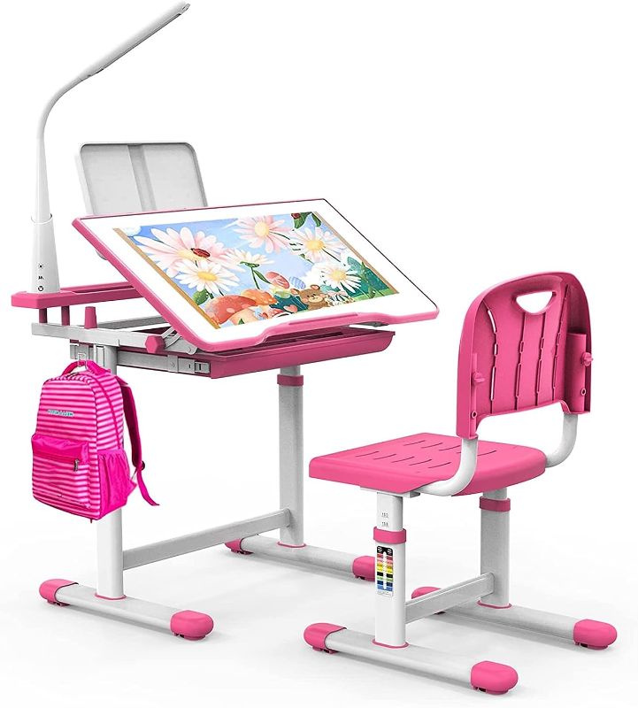 Photo 1 of BELANITAS Kids Desk and Chair Set Multi Functional Kids Study Desk for Kids School Desk with Tiltable Desktop, 3 Modes Light, Birthday Go Back School Desk for Girls Gift,Pink
