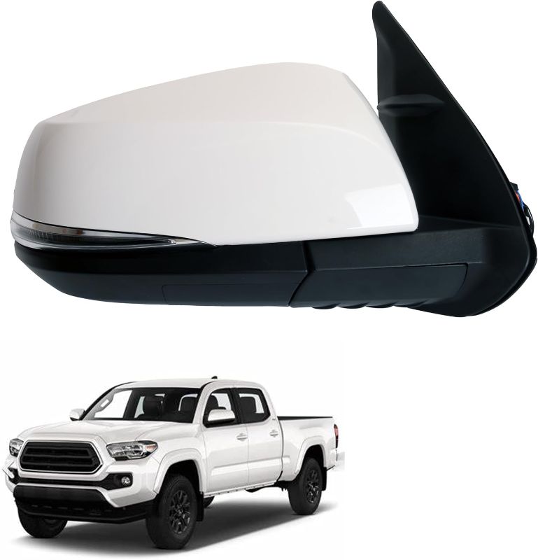 Photo 1 of White Right Passenger side Mirror Fit for Toyota Tacoma 2016-2022 TO1320350 With Power Glass, Heated, Turn Signal, Blind Spot Detection and Manual Folding Match to Paint (8 Pins) #TO1320350
