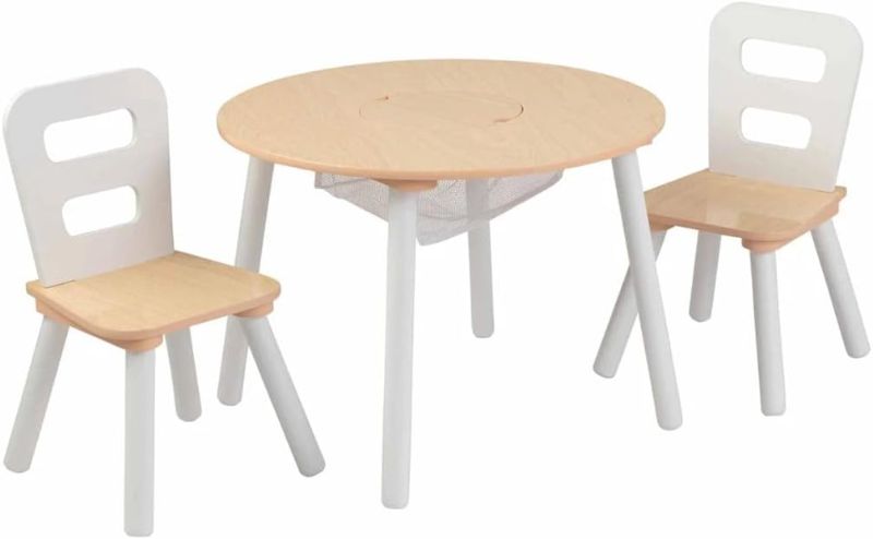 Photo 1 of KidKraft Wooden Round Table & 2 Chair Set with Center Mesh Storage - Natural & White, Gift for Ages 3-6
