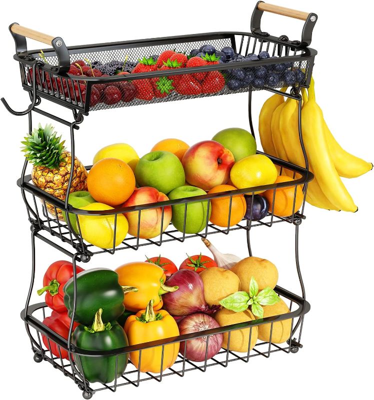 Photo 1 of 3 Tier Fruit Basket Bowl with 2 Banana Hangers for Kitchen Counter, Vegetable Countertop Produce Storage Holder, Large Capacity Metal Wire Fruits Stand Organizer for Onion Potato Bread Snack, Black