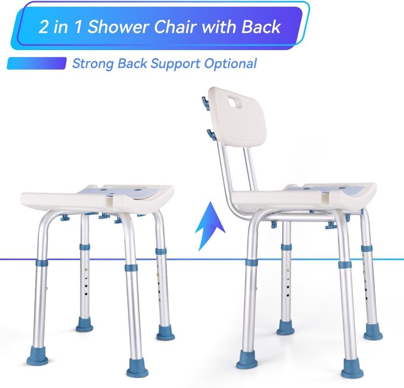Photo 1 of 2 in 1 Shower Chair Seat with Removable Back, Shower Chair for Inside Shower and Bathtub, Adjustable Shower Stool for Elderly, Handicap, Pregnant, Disabled—Tool-Free Assembly(350 lb Capacity)