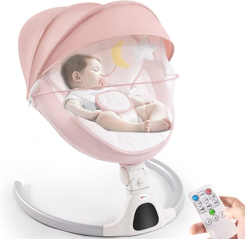 Photo 1 of Jaoul Baby Swings for Infants, Electric Portable Baby Swing for Newborn Baby, Bluetooth Touch Screen/Remote Control Timing Function 5 Swing Speeds 3 Seat Positions Baby Bouncer for Boy Girl Pink
