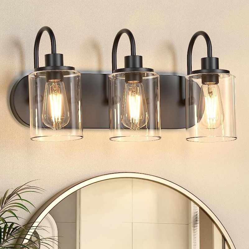 Photo 1 of 3-Light Bathroom Light Fixtures, Black Vanity Light Farmhouse Wall Sconces with Clear Glass Shade, Modern Bathroom Wall Lamp for Mirror Bedroom Hallway Living Room Cabinet
