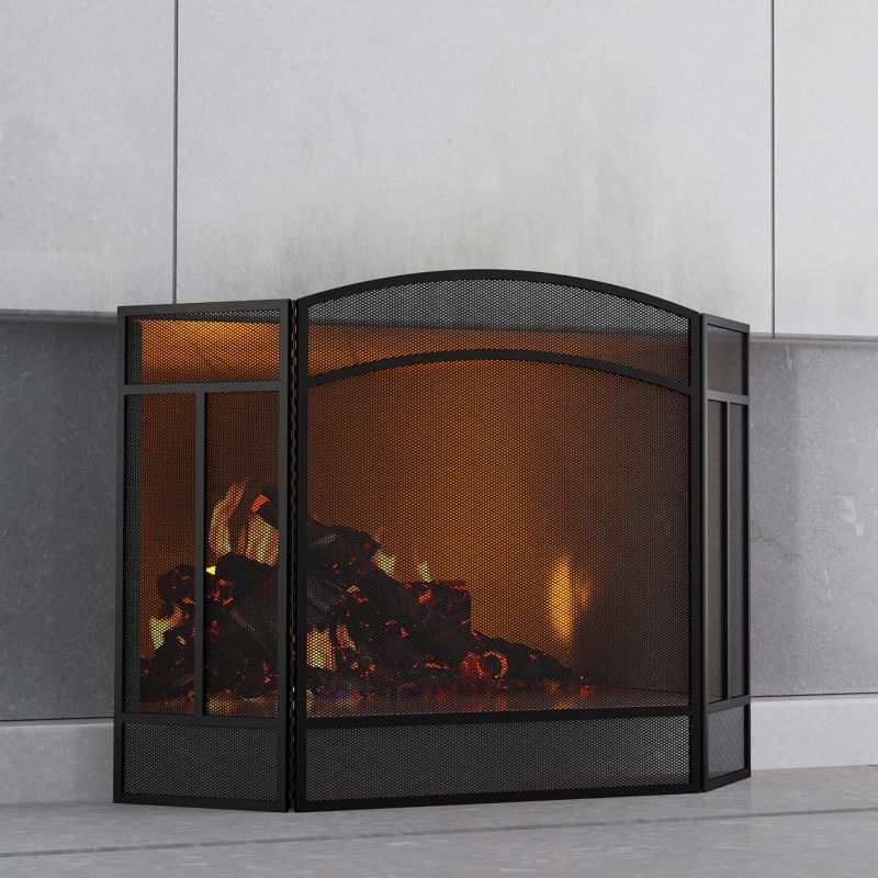 Photo 1 of Fire Beauty Fireplace Screen 3 Panel Wrought Iron 48"(L) x 29"(H) Spark Guard Cover(Black)