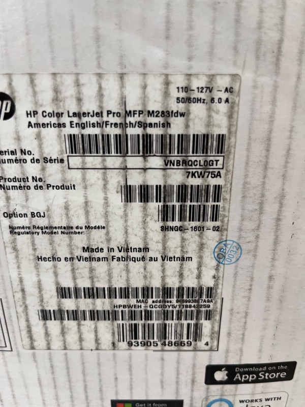 Photo 1 of HP Color LaserJet Pro M283fdw Wireless All-in-One Laser Printer, Remote Mobile Print, Scan & Copy, Duplex Printing, Works with Alexa (7KW75A), White