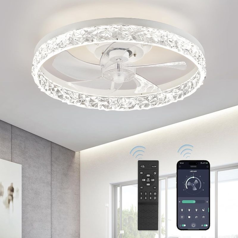 Photo 1 of 20" Modern Ceiling Fans with Lights and Remote, Dimmable Low Profile Ceiling Fan, Flush Mount Bladeless Ceiling Fan, Stepless Color Temperature Change and 6 Speeds - White