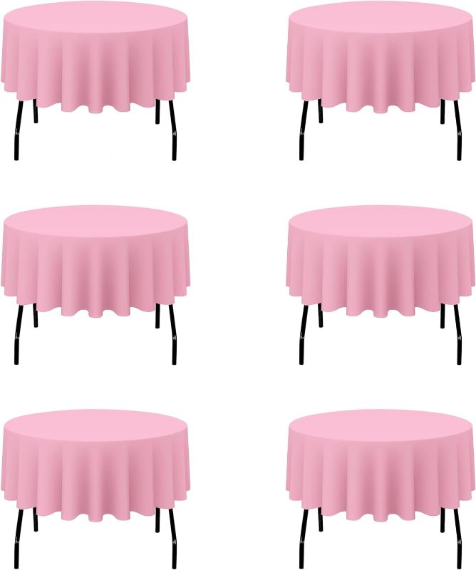 Photo 1 of 6 Pack Pink Round Tablecloths  - Circle Bulk Linen Polyester Fabric Washable Table Clothes Cover for Wedding Reception Banquet Birthday Party Buffet Restaurant
