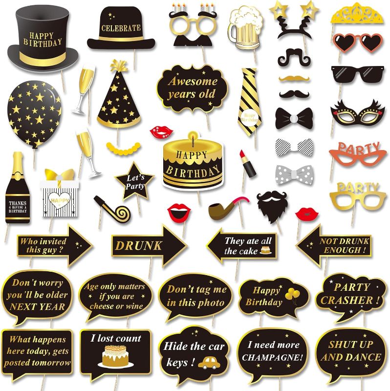 Photo 1 of Konsait Happy Birthday Party Photo Booth Props with Stick or Her Him Funny Birthday Black and Gold Decorations, Happy Birthday Party Favors Supplies for kids Adults Men and Women(49Counts)
