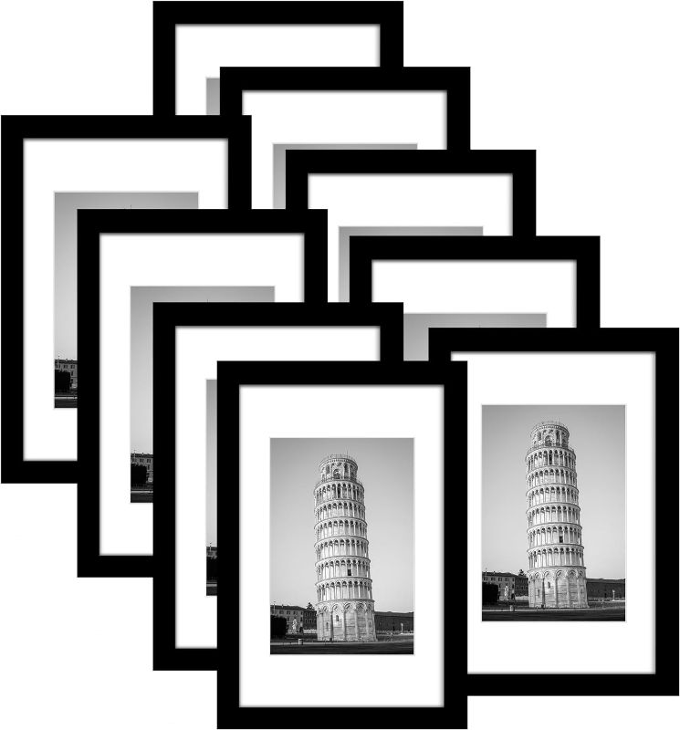 Photo 1 of 11x17 Picture Frame Set of 9, Display Pictures 8x12 with Mat or 11 x 17 Without Mat, Wall Gallery Photo Frames, Black
