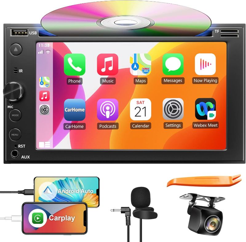 Photo 1 of Double Din Car Stereo with CD/DVD Player Apple Carplay & Android Auto, 7 Inch Car Radio with Bluetooth and Backup Camera, Touch Screen, Mirror Link, Steering Wheel Control
