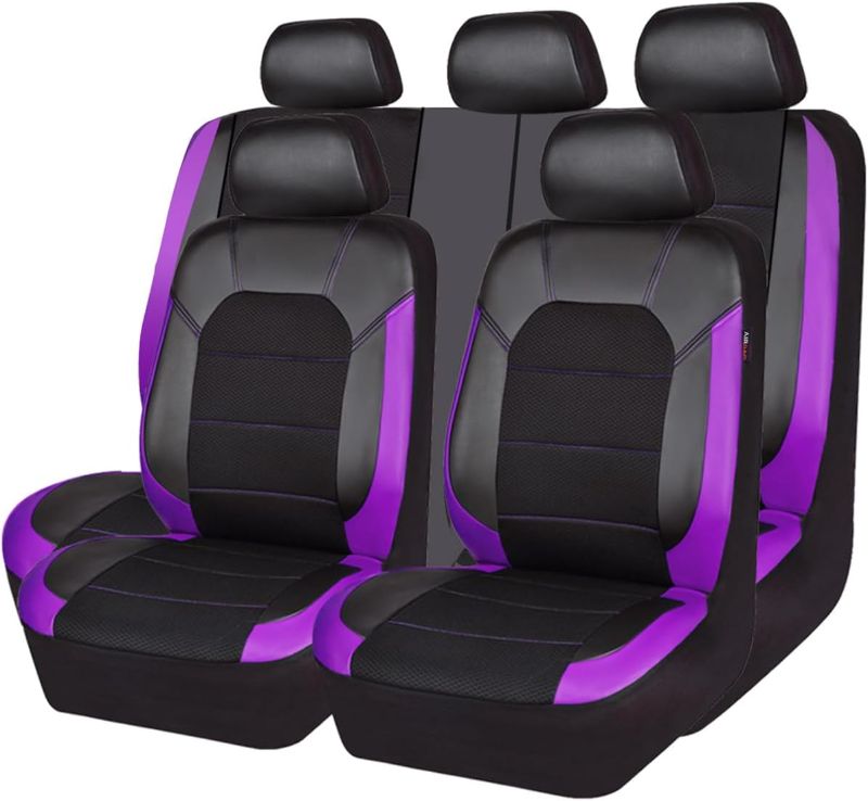 Photo 1 of CAR PASS Leather Seat Covers, Breathable Universal Car Seat Cover Full Set for Cute Women Girly,Super 5mm Composite Sponge Inside,Airbag Compatible fits Most Auto,SUVs,Trucks,Vans(Black&Purple)
