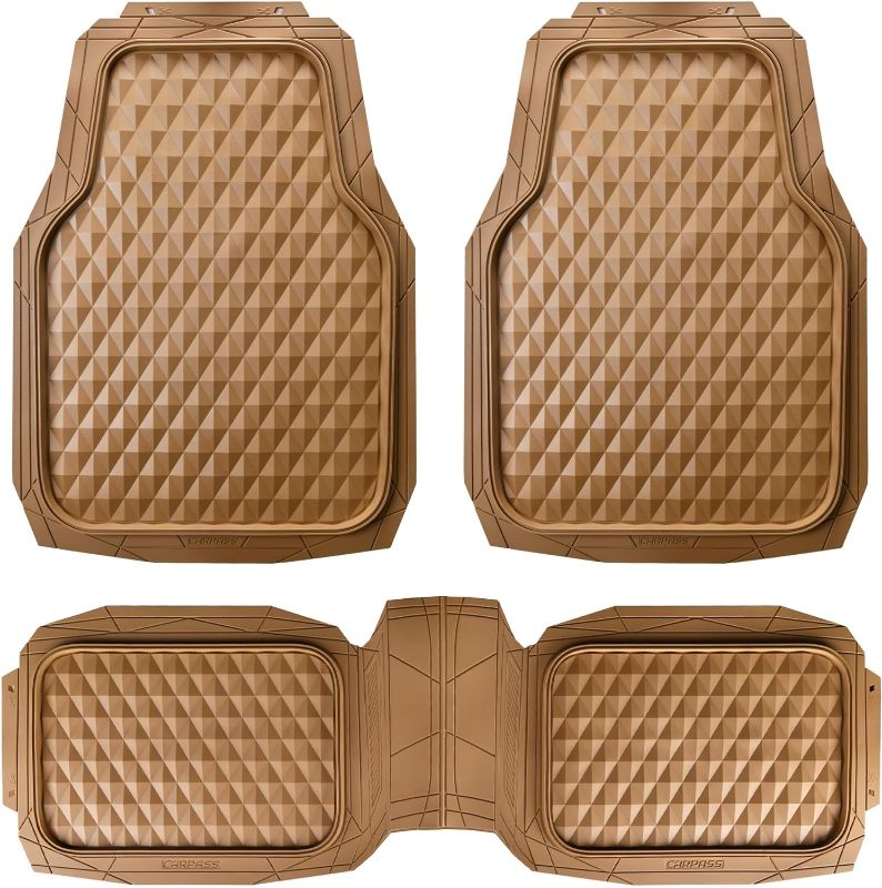 Photo 1 of CAR PASS Heavy Duty Rubber Car Mats, Deep Dish All-Weather Floor Mat for Car Full Set Durable Anti-Slip 3D Rhombus Waterproof Trim to fit Liner Universal Fit Automotive,Sedan,SUV,Truck, 3 Piece Beige
